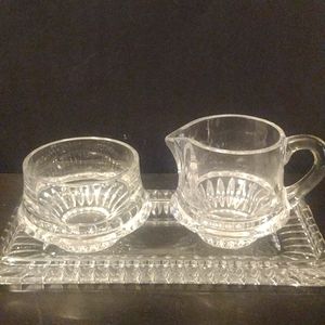 Gorham Crystal Cream Ribbed Sugar/Cream Bowls/Tray set 3